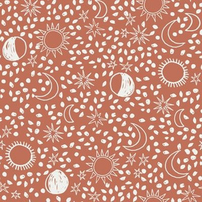 night sky fabric - sun fabric, baby fabric, nursery fabric, stars fabric, sun moon stars, -terracotta