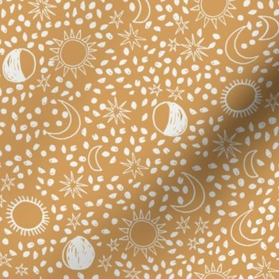 night sky fabric - sun fabric, baby fabric, nursery fabric, stars fabric, sun moon stars, - golden yellow