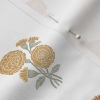 marigold fabric - indian block print inspired, block print flower, flower fabric, block print fabric, woodcut - multi