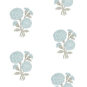 marigold fabric - indian block print inspired, block print flower, flower fabric, block print fabric, woodcut - light blue