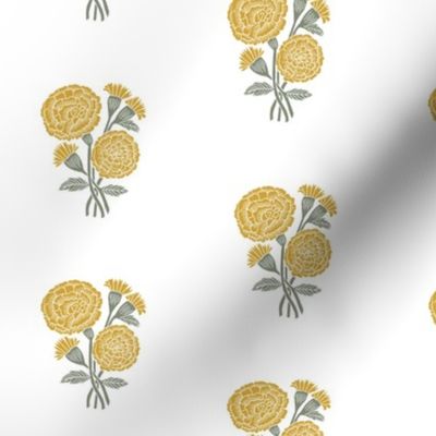 marigold fabric - indian block print inspired, block print flower, flower fabric, block print fabric, woodcut - yellow