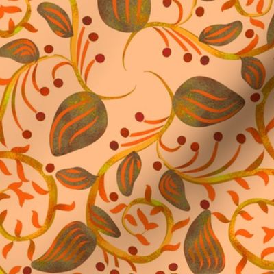 Art Nouveau Berry Vine Brown and Gold on Coral Pink