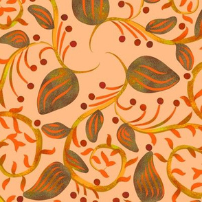 Art Nouveau Berry Vine Brown and Gold on Coral Pink
