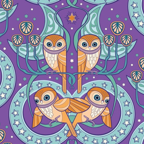 Art Nouveau Owls in purple dream