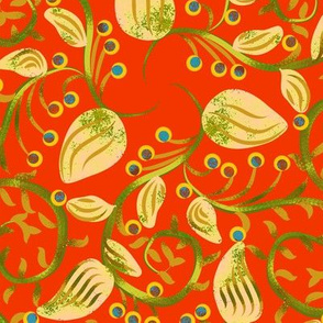 Art Nouveau Berry Vine Cream and Green on Red