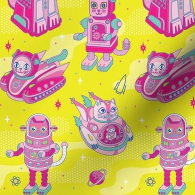 Cat Bots in Space in Electric Yellow