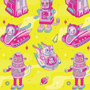 Cat Bots in Space in Electric Yellow