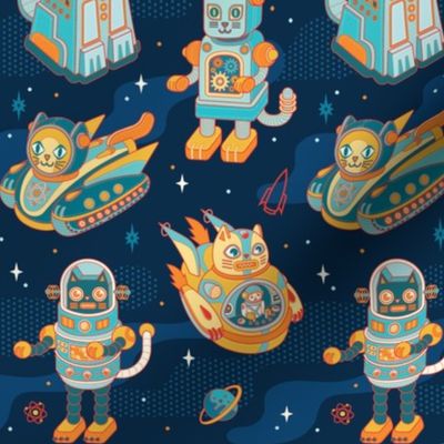 Cat Bots in Space in Blue Nebula