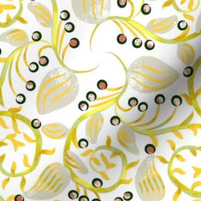 Art Nouveau Berry Vine Grey Green and Yellow on White
