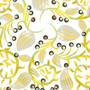 Art Nouveau Berry Vine Grey Green and Yellow on White