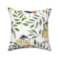 Night owl birds with watercolor spring olive green leaves