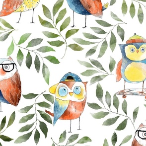 Night owl birds with watercolor spring olive green leaves