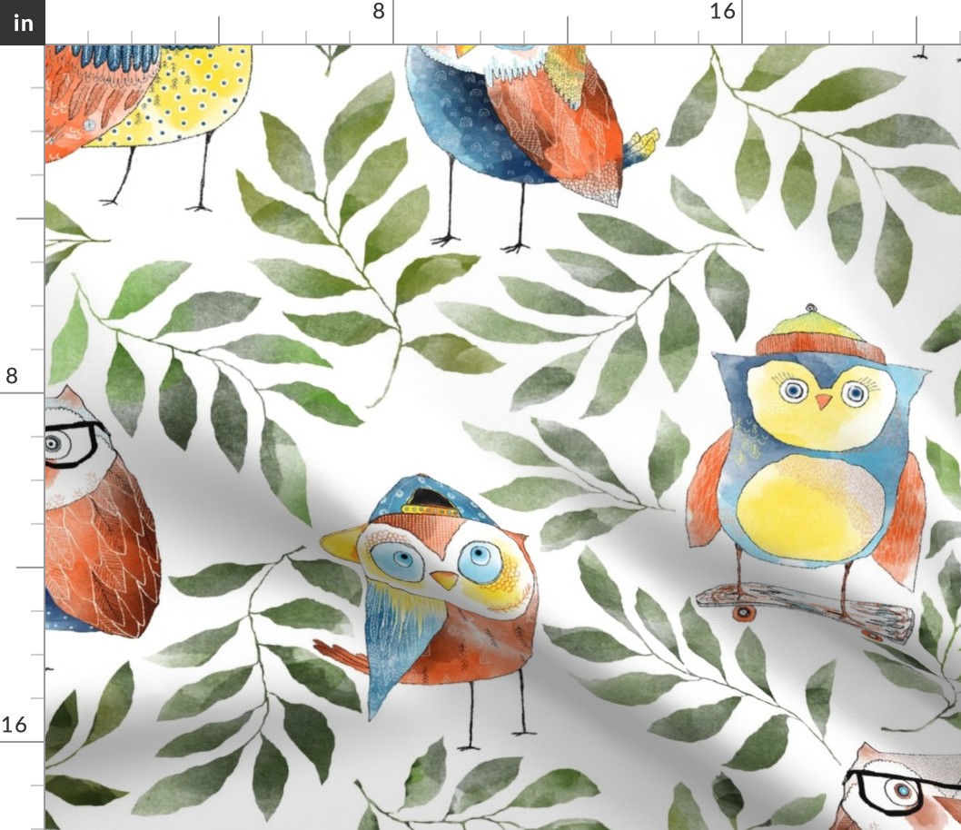 Night owl birds with watercolor spring olive green leaves