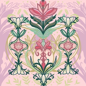 Pink, Green, Mauve Art Nouveau Floral with Gold