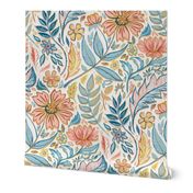 Soft Peach and Blue Art Nouveau Floral