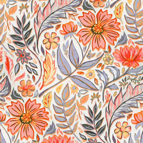 Coral Pink, Red and Lilac Art Nouveau Floral