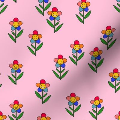 happy flower fabric - daisy fabric, daisy flower, sweet baby girl, baby girl fabric, flower power fabric, retro daisy fabric - rainbow pink