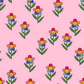 happy flower fabric - daisy fabric, daisy flower, sweet baby girl, baby girl fabric, flower power fabric, retro daisy fabric - rainbow pink