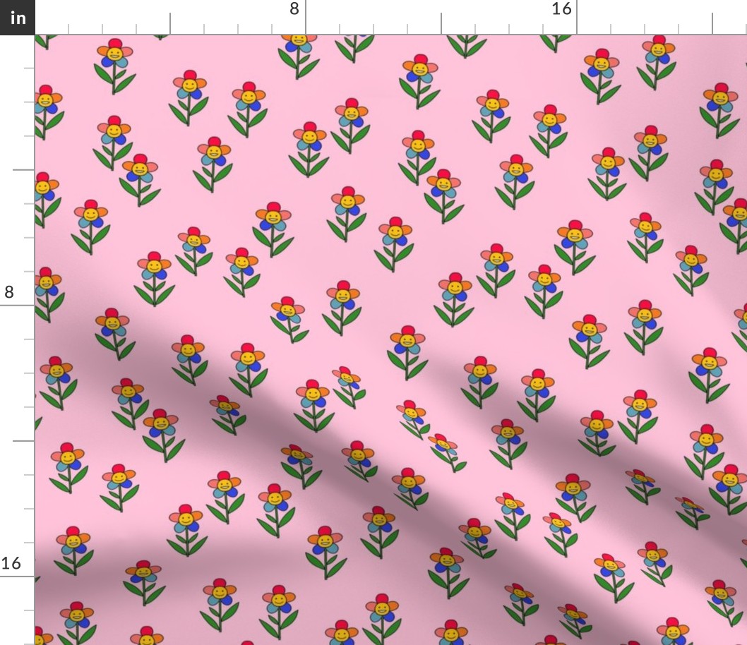 happy flower fabric - daisy fabric, daisy flower, sweet baby girl, baby girl fabric, flower power fabric, retro daisy fabric - rainbow pink