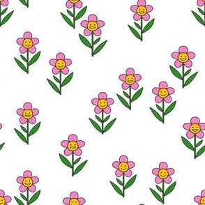 happy flower fabric - daisy fabric, daisy flower, sweet baby girl, baby girl fabric, flower power fabric, retro daisy fabric - pink petal