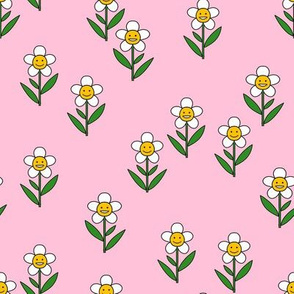 happy flower fabric - daisy fabric, daisy flower, sweet baby girl, baby girl fabric, flower power fabric, retro daisy fabric - pink