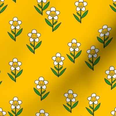 happy flower fabric - daisy fabric, daisy flower, sweet baby girl, baby girl fabric, flower power fabric, retro daisy fabric - yellow