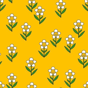 happy flower fabric - daisy fabric, daisy flower, sweet baby girl, baby girl fabric, flower power fabric, retro daisy fabric - yellow
