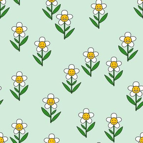 happy flower fabric - daisy fabric, daisy flower, sweet baby girl, baby girl fabric, flower power fabric, retro daisy fabric - mint
