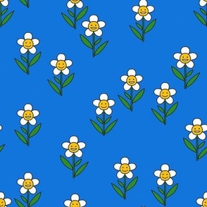 happy flower fabric - daisy fabric, daisy flower, sweet baby girl, baby girl fabric, flower power fabric, retro daisy fabric - bright blue
