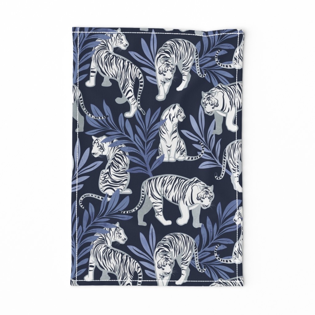 Normal scale // Nouveau white tigers // navy blue background blue leaves silver lines white animals