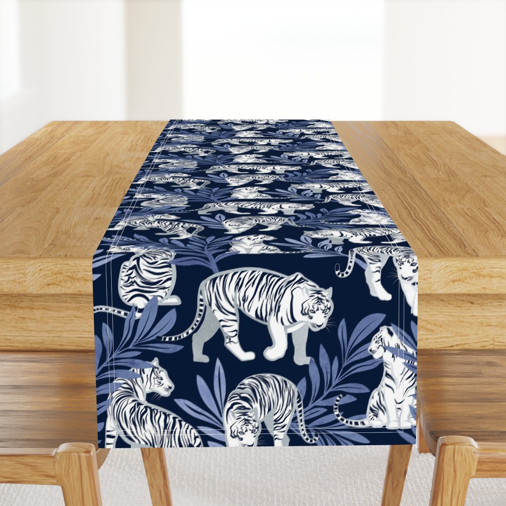 Normal scale // Nouveau white tigers // navy blue background blue leaves silver lines white animals