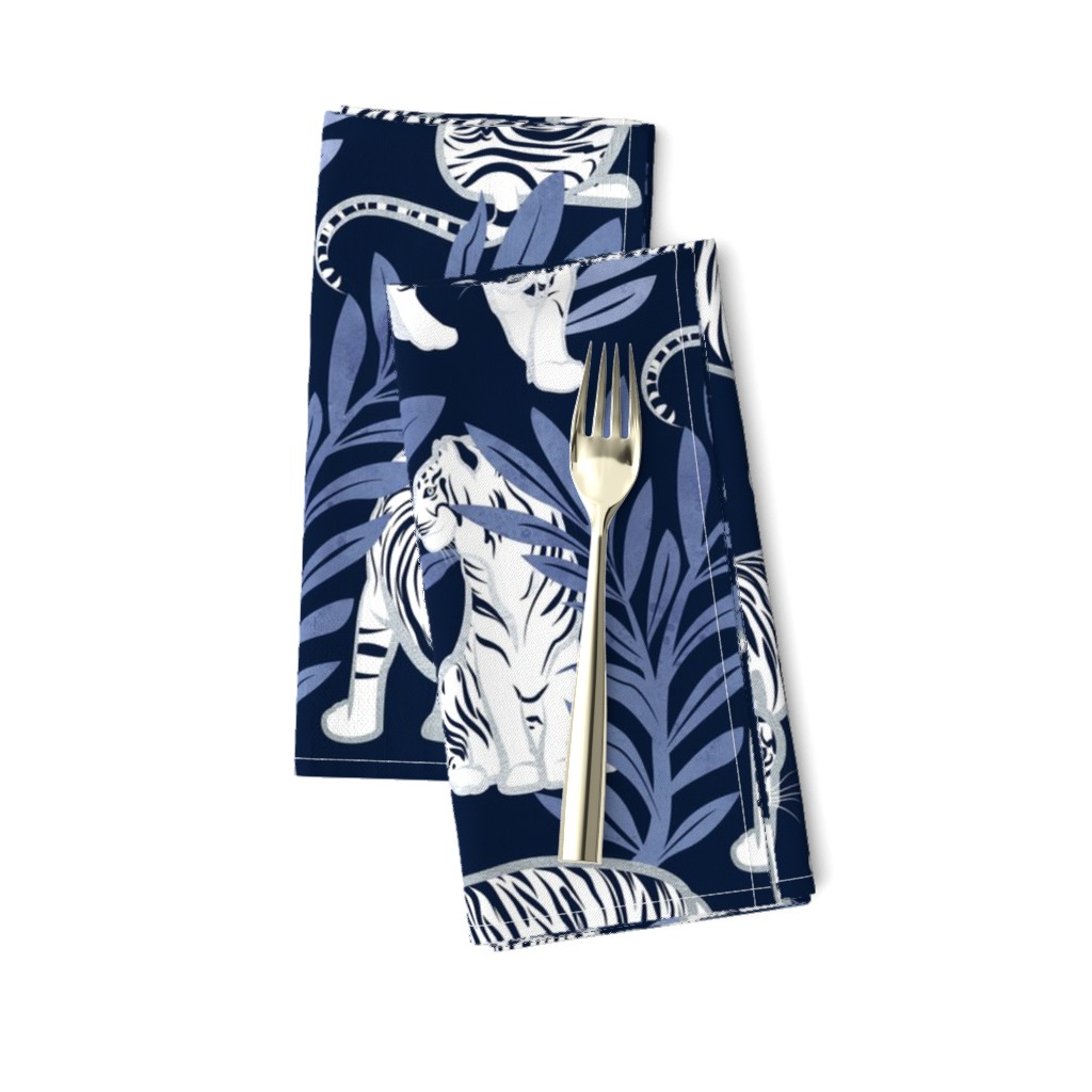 Normal scale // Nouveau white tigers // navy blue background blue leaves silver lines white animals