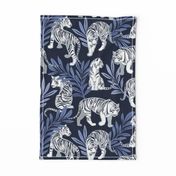 Normal scale // Nouveau white tigers // navy blue background blue leaves silver lines white animals