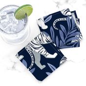 Normal scale // Nouveau white tigers // navy blue background blue leaves silver lines white animals