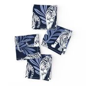 Normal scale // Nouveau white tigers // navy blue background blue leaves silver lines white animals