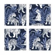 Normal scale // Nouveau white tigers // navy blue background blue leaves silver lines white animals