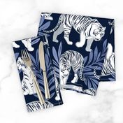 Normal scale // Nouveau white tigers // navy blue background blue leaves silver lines white animals