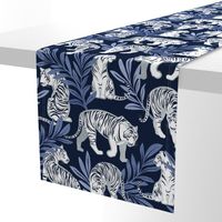 Normal scale // Nouveau white tigers // navy blue background blue leaves silver lines white animals