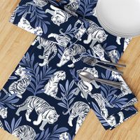 Normal scale // Nouveau white tigers // navy blue background blue leaves silver lines white animals