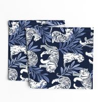 Normal scale // Nouveau white tigers // navy blue background blue leaves silver lines white animals