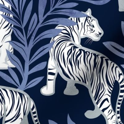 Normal scale // Nouveau white tigers // navy blue background blue leaves silver lines white animals