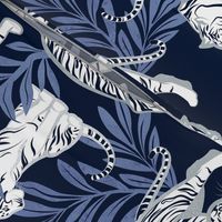 Normal scale // Nouveau white tigers // navy blue background blue leaves silver lines white animals