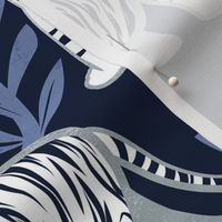 Normal scale // Nouveau white tigers // navy blue background blue leaves silver lines white animals