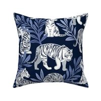 Normal scale // Nouveau white tigers // navy blue background blue leaves silver lines white animals