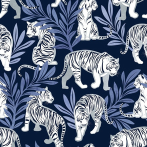 Normal scale // Nouveau white tigers // navy blue background blue leaves silver lines white animals