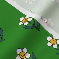 happy flower fabric - daisy fabric, daisy flower, sweet baby girl, baby girl fabric, flower power fabric, retro daisy fabric - green