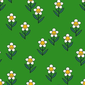 happy flower fabric - daisy fabric, daisy flower, sweet baby girl, baby girl fabric, flower power fabric, retro daisy fabric - green