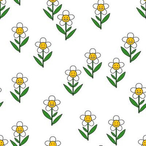 happy flower fabric - daisy fabric, daisy flower, sweet baby girl, baby girl fabric, flower power fabric, retro daisy fabric - white