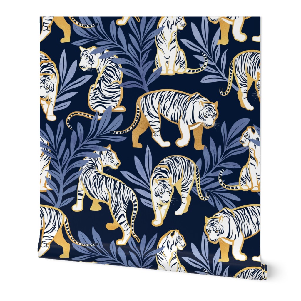 Large jumbo scale // Nouveau white tigers // navy blue background blue leaves golden lines white animals