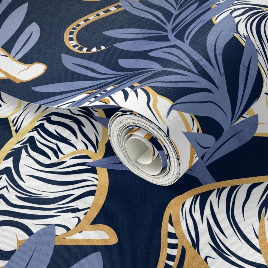 Large jumbo scale // Nouveau white tigers // navy blue background blue leaves golden lines white animals